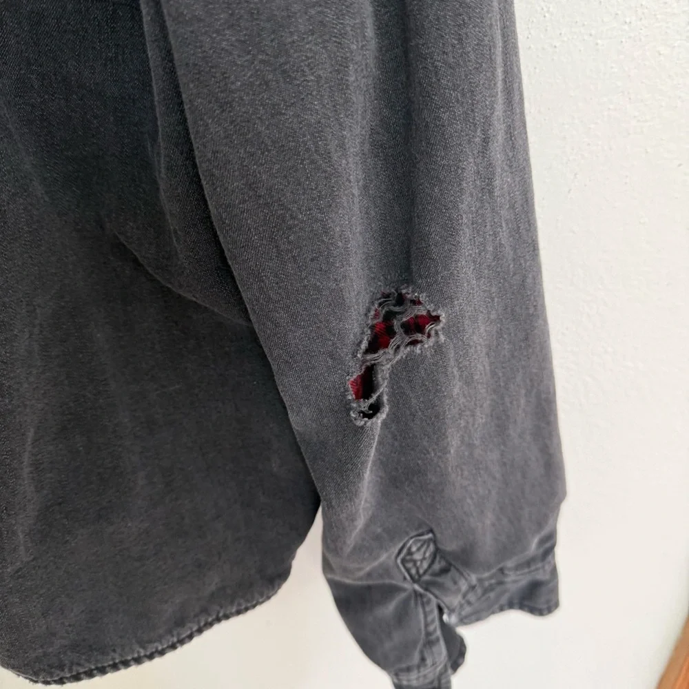 American Eagle Outfitters Distressed Black Jacket with Red Plaid Interior